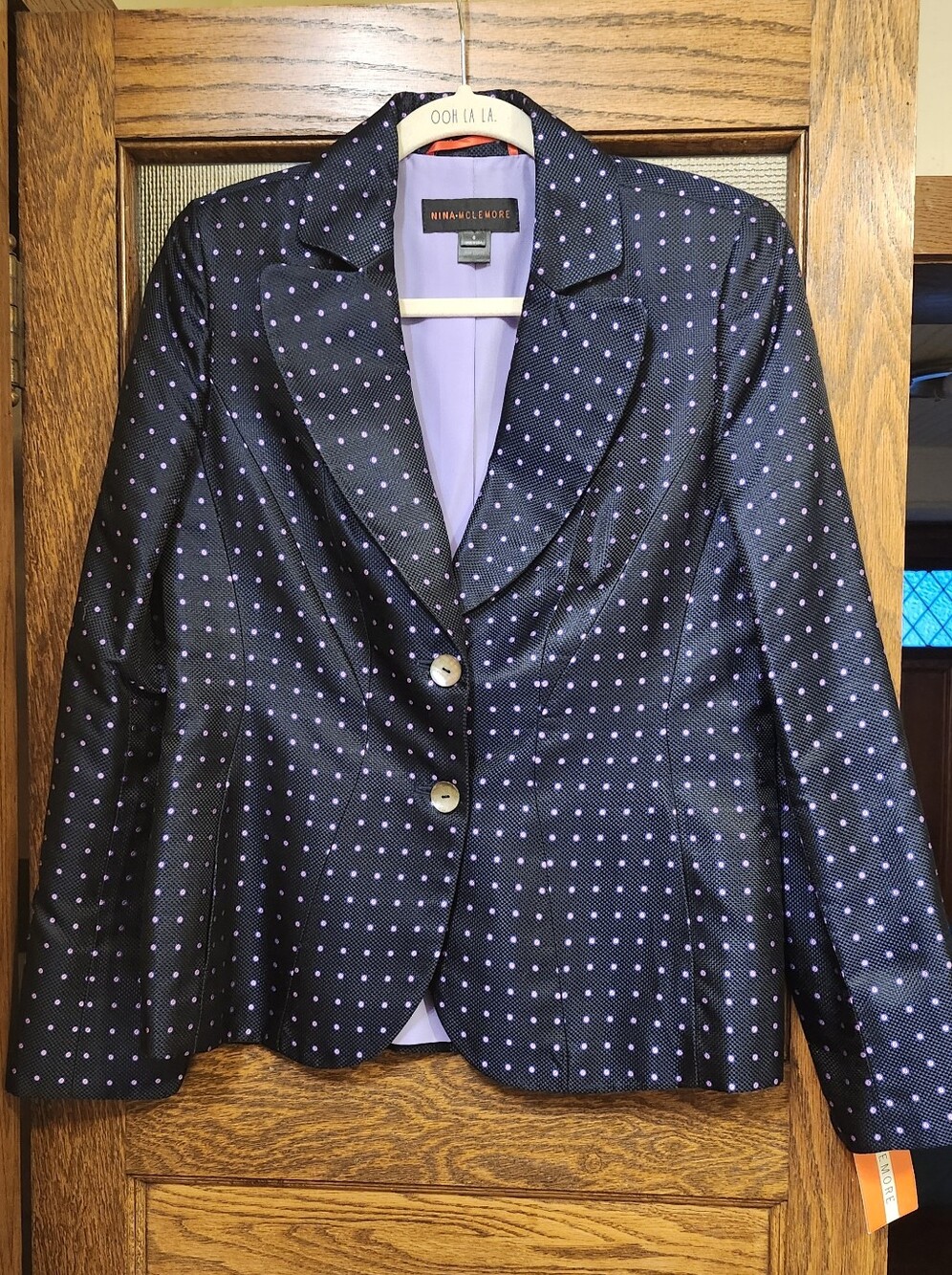 NWT Gorgeous silk Nina McLemore navy blazer with lilac dots